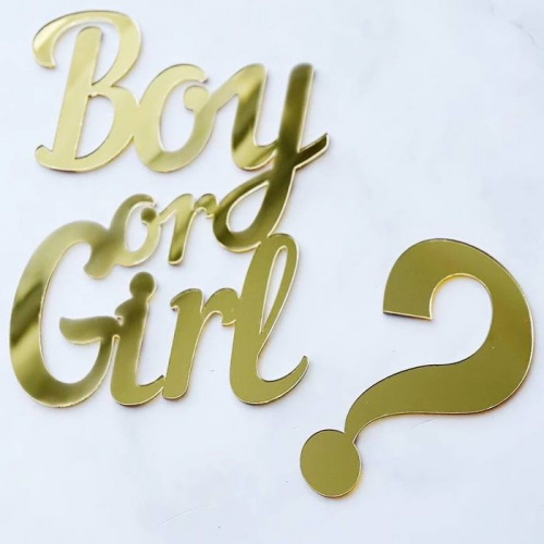 Зеркальный акриловый топпер "Boy or Girl и знак вопроса" Гендер Party, золото Зеркальный акриловый топпер "Boy or Girl и знак вопроса" Гендер Party, золото
